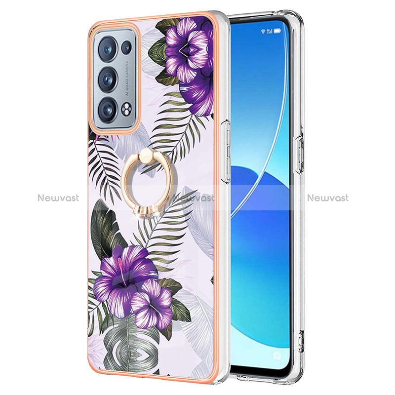 Silicone Candy Rubber Gel Fashionable Pattern Soft Case Cover with Finger Ring Stand Y03B for Oppo Reno6 Pro+ Plus 5G Purple