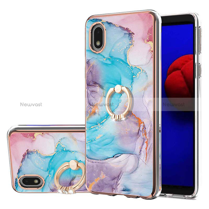 Silicone Candy Rubber Gel Fashionable Pattern Soft Case Cover with Finger Ring Stand Y03B for Samsung Galaxy A01 Core Blue