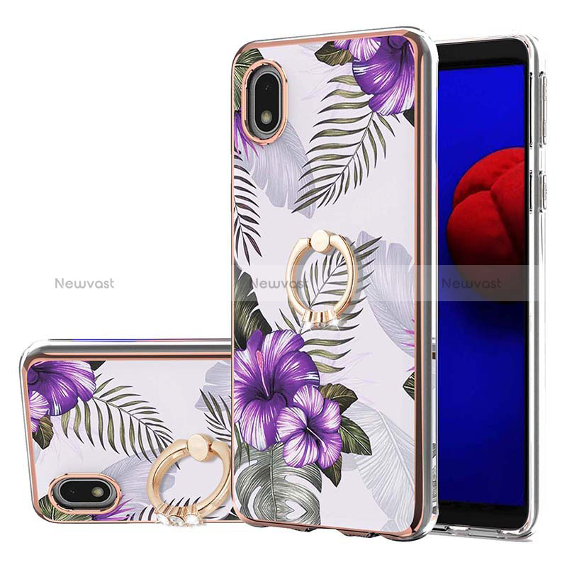 Silicone Candy Rubber Gel Fashionable Pattern Soft Case Cover with Finger Ring Stand Y03B for Samsung Galaxy A01 Core Purple