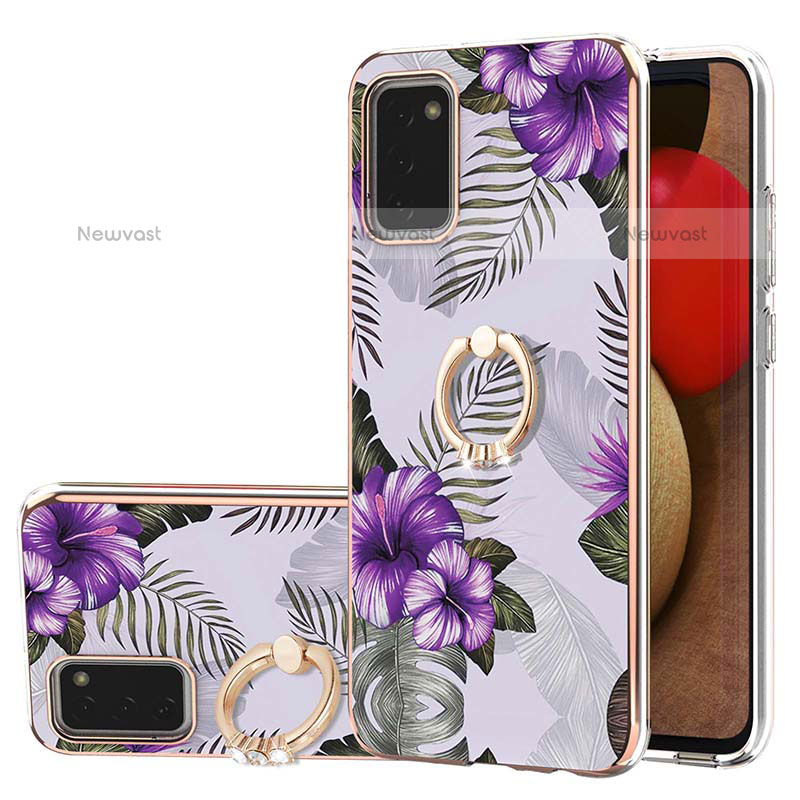 Silicone Candy Rubber Gel Fashionable Pattern Soft Case Cover with Finger Ring Stand Y03B for Samsung Galaxy A02s Purple