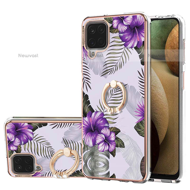 Silicone Candy Rubber Gel Fashionable Pattern Soft Case Cover with Finger Ring Stand Y03B for Samsung Galaxy A12 Purple