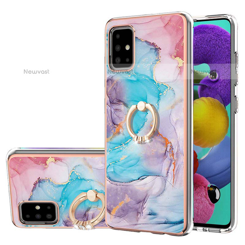 Silicone Candy Rubber Gel Fashionable Pattern Soft Case Cover with Finger Ring Stand Y03B for Samsung Galaxy A51 4G Blue