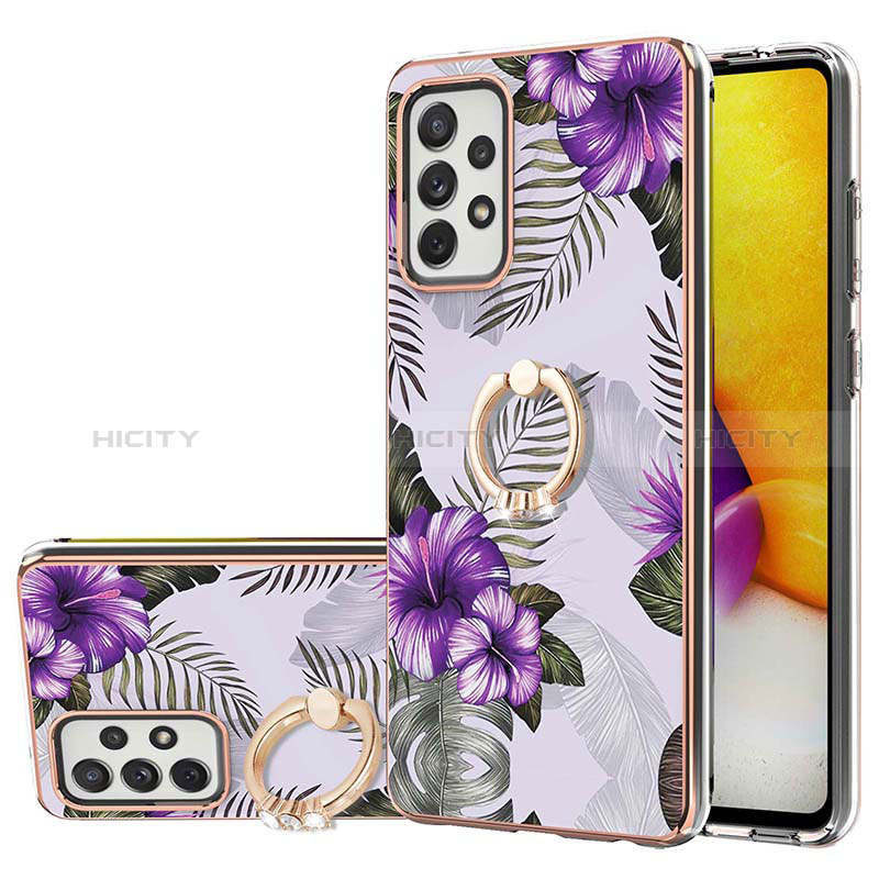 Silicone Candy Rubber Gel Fashionable Pattern Soft Case Cover with Finger Ring Stand Y03B for Samsung Galaxy A72 5G Purple