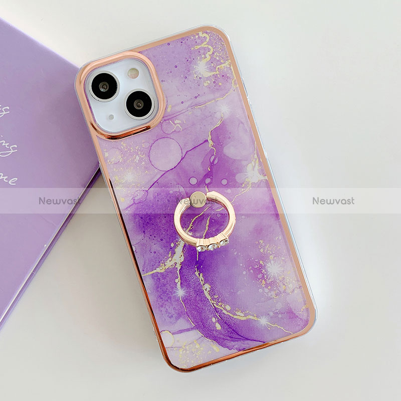 Silicone Candy Rubber Gel Fashionable Pattern Soft Case Cover with Finger Ring Stand Y05B for Apple iPhone 13 Purple