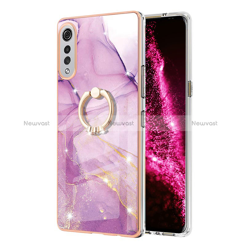 Silicone Candy Rubber Gel Fashionable Pattern Soft Case Cover with Finger Ring Stand Y05B for LG Velvet 4G Clove Purple