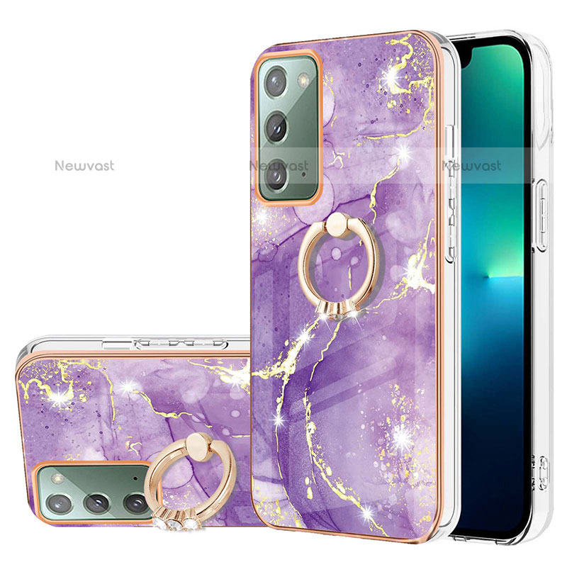 Silicone Candy Rubber Gel Fashionable Pattern Soft Case Cover with Finger Ring Stand Y05B for Samsung Galaxy Note 20 5G Purple
