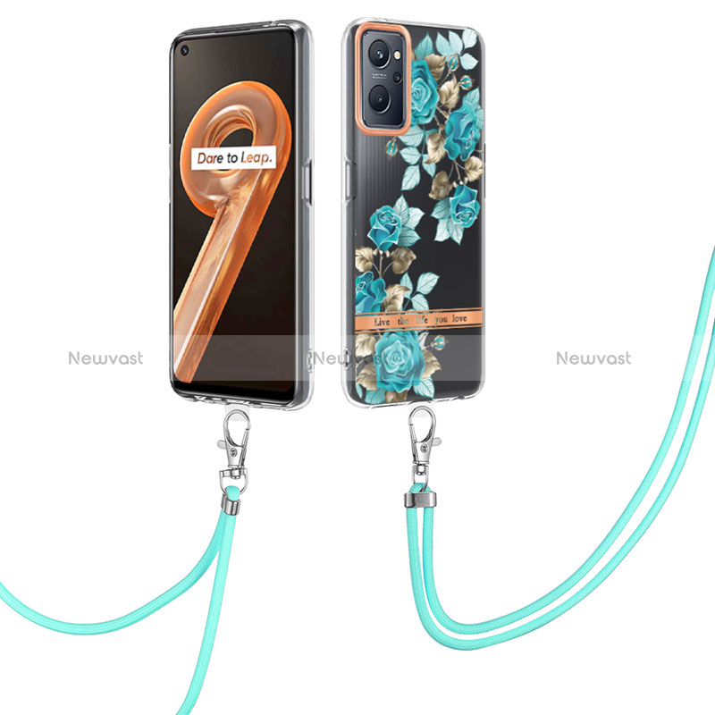 Silicone Candy Rubber Gel Fashionable Pattern Soft Case Cover with Finger Ring Stand Y06B for Realme 9i 4G Cyan