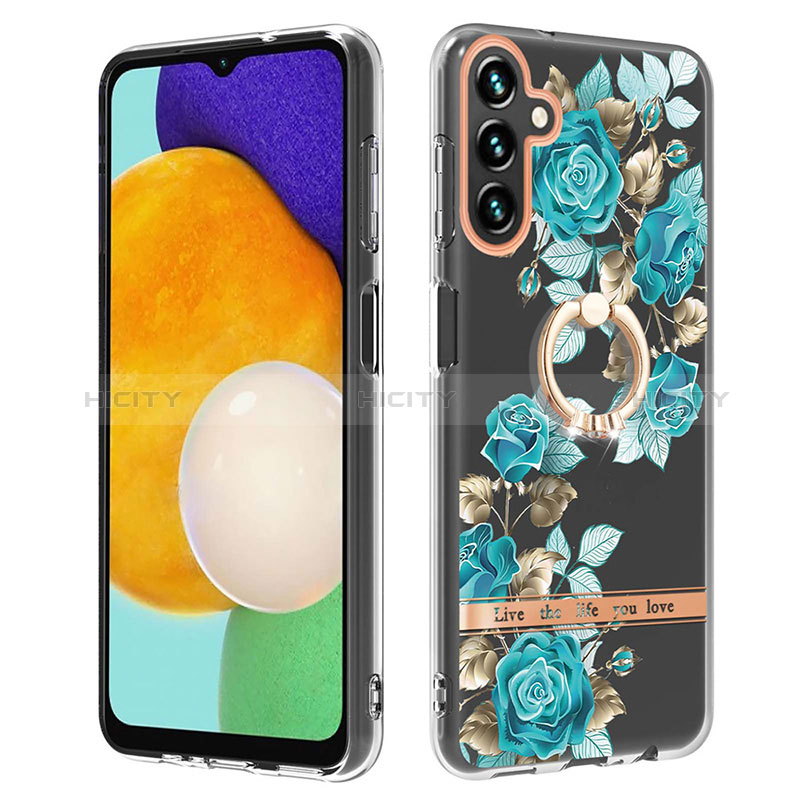 Silicone Candy Rubber Gel Fashionable Pattern Soft Case Cover with Finger Ring Stand Y06B for Samsung Galaxy A04s Cyan