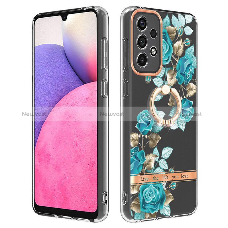 Silicone Candy Rubber Gel Fashionable Pattern Soft Case Cover with Finger Ring Stand Y06B for Samsung Galaxy A33 5G Cyan