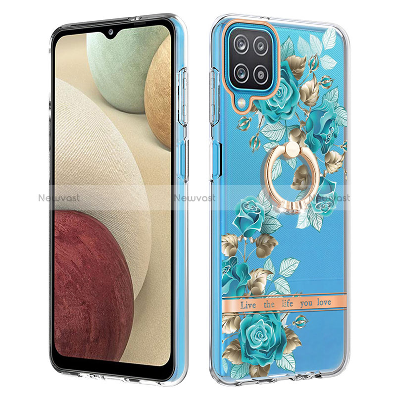 Silicone Candy Rubber Gel Fashionable Pattern Soft Case Cover with Finger Ring Stand Y06B for Samsung Galaxy M12 Cyan