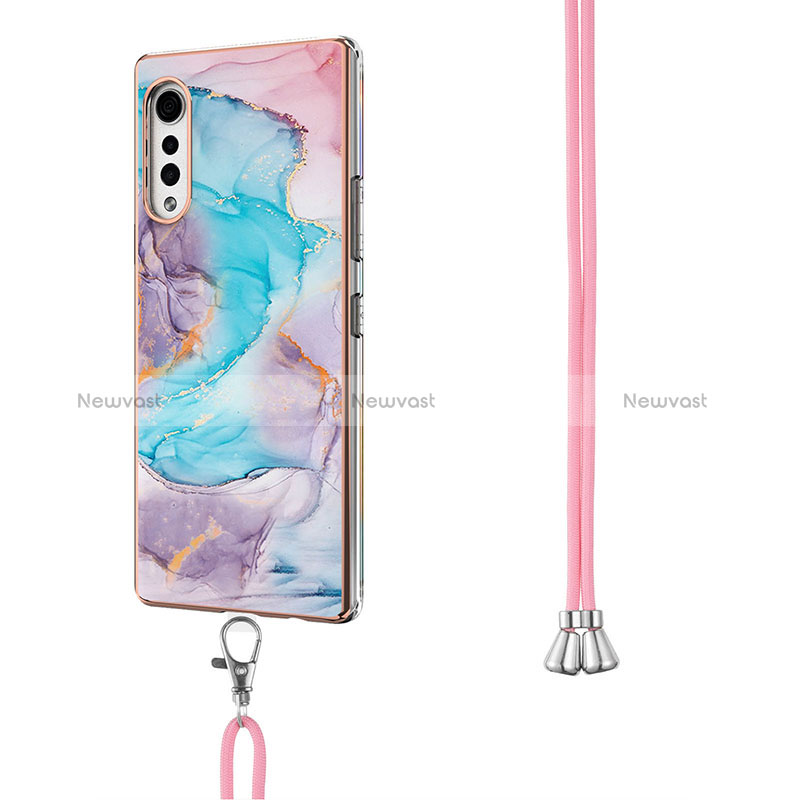 Silicone Candy Rubber Gel Fashionable Pattern Soft Case Cover with Lanyard Strap Y01B for LG Velvet 4G Blue
