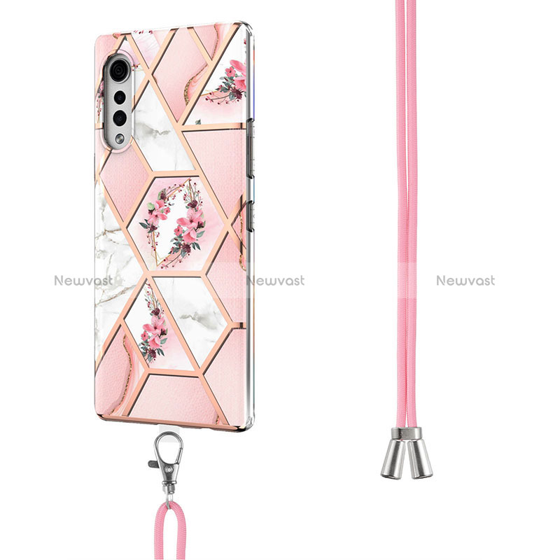 Silicone Candy Rubber Gel Fashionable Pattern Soft Case Cover with Lanyard Strap Y01B for LG Velvet 4G Pink