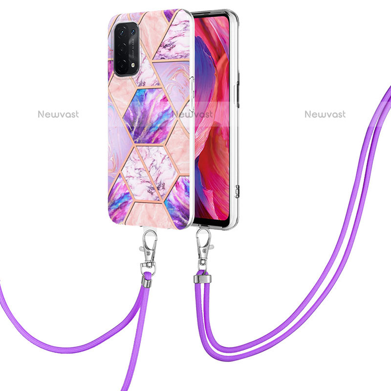Silicone Candy Rubber Gel Fashionable Pattern Soft Case Cover with Lanyard Strap Y01B for OnePlus Nord N200 5G Clove Purple