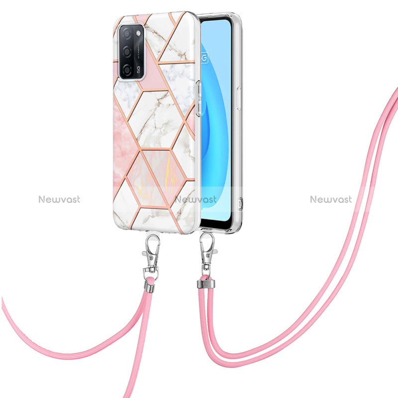 Silicone Candy Rubber Gel Fashionable Pattern Soft Case Cover with Lanyard Strap Y01B for Oppo A56 5G Pink