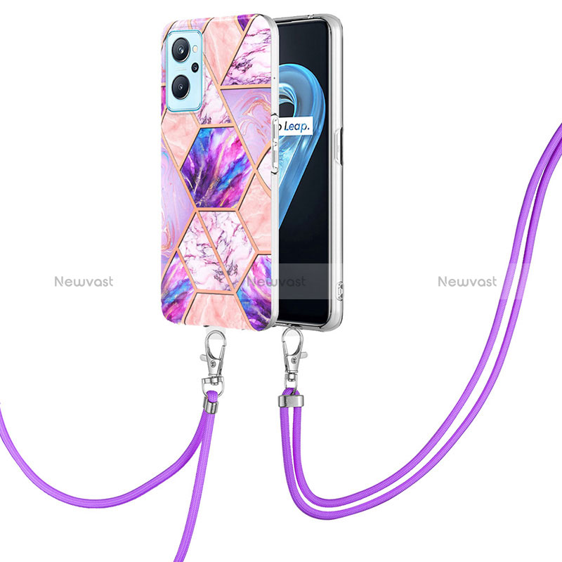Silicone Candy Rubber Gel Fashionable Pattern Soft Case Cover with Lanyard Strap Y01B for Oppo A96 4G Clove Purple