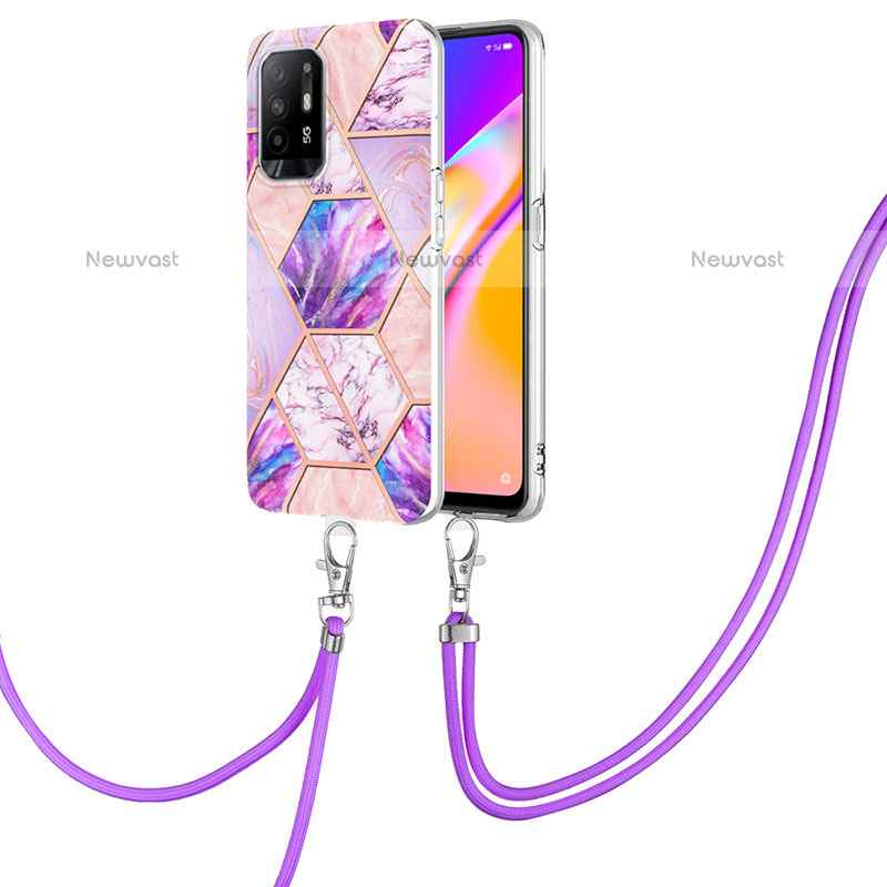 Silicone Candy Rubber Gel Fashionable Pattern Soft Case Cover with Lanyard Strap Y01B for Oppo F19 Pro+ Plus 5G Clove Purple