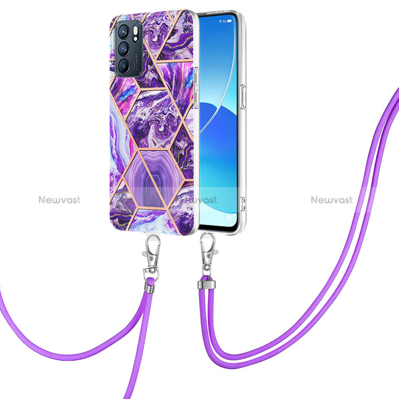 Silicone Candy Rubber Gel Fashionable Pattern Soft Case Cover with Lanyard Strap Y01B for Oppo Reno6 5G