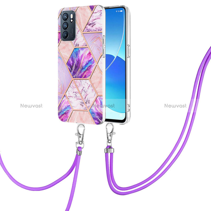 Silicone Candy Rubber Gel Fashionable Pattern Soft Case Cover with Lanyard Strap Y01B for Oppo Reno6 5G