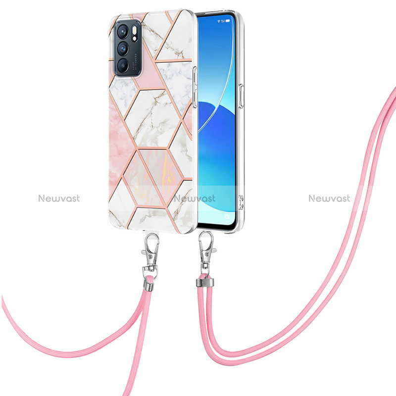 Silicone Candy Rubber Gel Fashionable Pattern Soft Case Cover with Lanyard Strap Y01B for Oppo Reno6 5G Pink