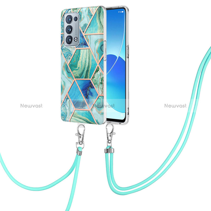 Silicone Candy Rubber Gel Fashionable Pattern Soft Case Cover with Lanyard Strap Y01B for Oppo Reno6 Pro 5G Green