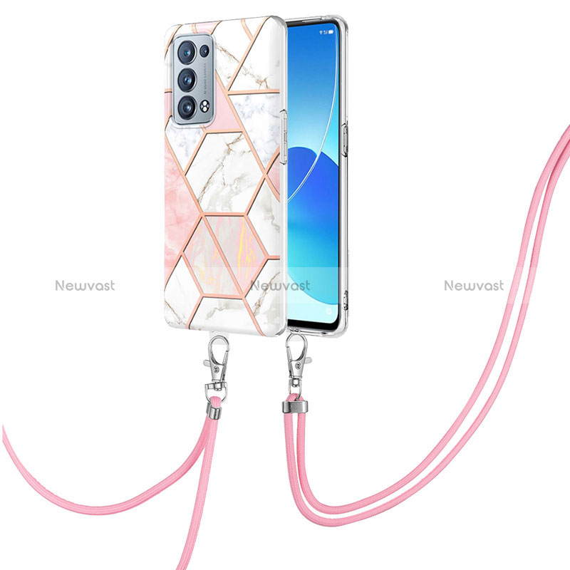 Silicone Candy Rubber Gel Fashionable Pattern Soft Case Cover with Lanyard Strap Y01B for Oppo Reno6 Pro 5G Pink