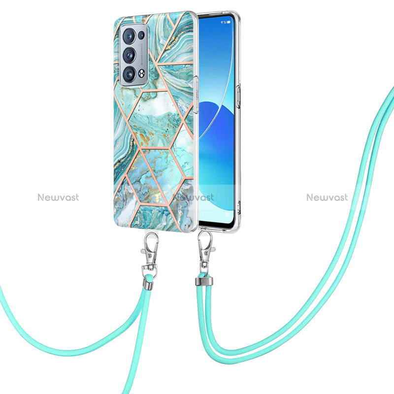 Silicone Candy Rubber Gel Fashionable Pattern Soft Case Cover with Lanyard Strap Y01B for Oppo Reno6 Pro+ Plus 5G Matcha Green