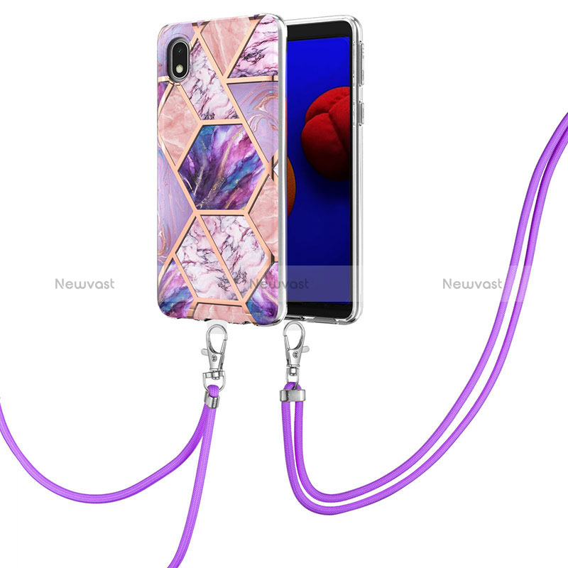 Silicone Candy Rubber Gel Fashionable Pattern Soft Case Cover with Lanyard Strap Y01B for Samsung Galaxy A01 Core Clove Purple