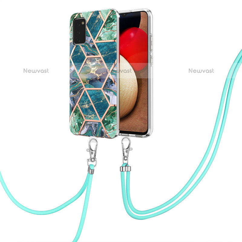 Silicone Candy Rubber Gel Fashionable Pattern Soft Case Cover with Lanyard Strap Y01B for Samsung Galaxy A02s Midnight Green