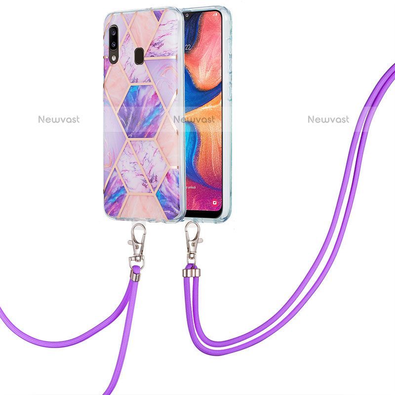 Silicone Candy Rubber Gel Fashionable Pattern Soft Case Cover with Lanyard Strap Y01B for Samsung Galaxy A20 Clove Purple