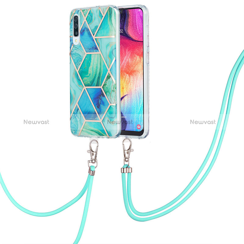 Silicone Candy Rubber Gel Fashionable Pattern Soft Case Cover with Lanyard Strap Y01B for Samsung Galaxy A30S Green