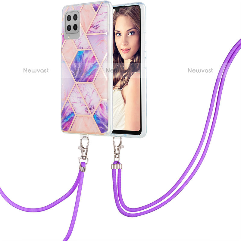 Silicone Candy Rubber Gel Fashionable Pattern Soft Case Cover with Lanyard Strap Y01B for Samsung Galaxy A42 5G Clove Purple