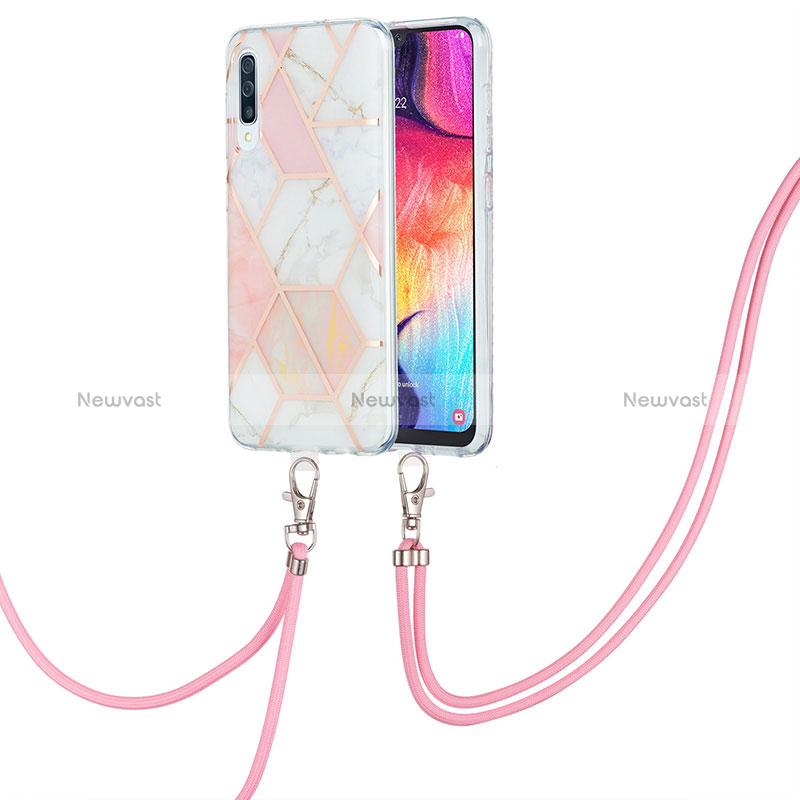 Silicone Candy Rubber Gel Fashionable Pattern Soft Case Cover with Lanyard Strap Y01B for Samsung Galaxy A50 Pink