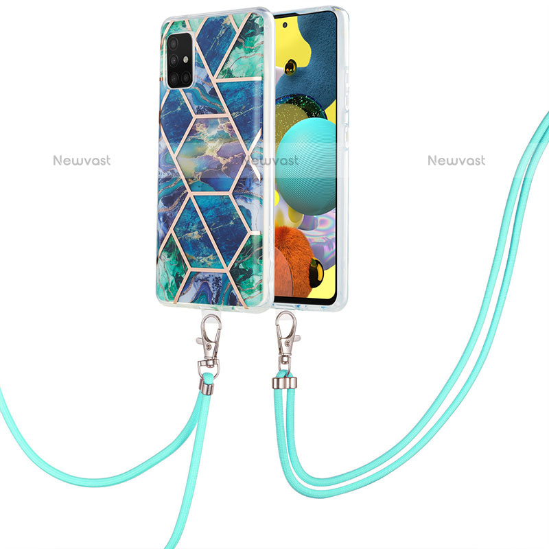 Silicone Candy Rubber Gel Fashionable Pattern Soft Case Cover with Lanyard Strap Y01B for Samsung Galaxy A51 4G Midnight Green