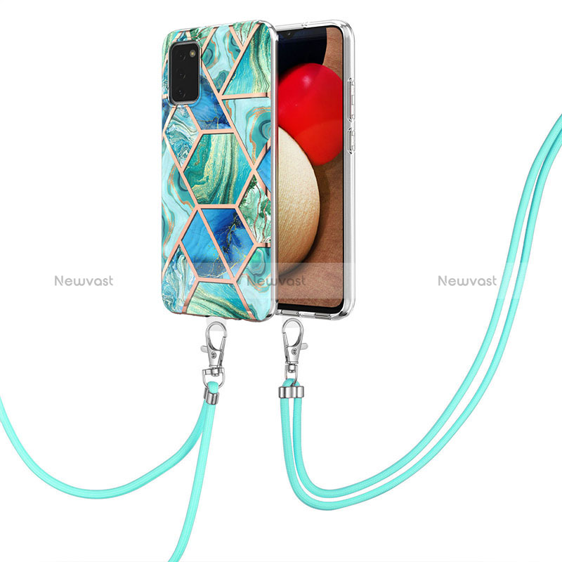 Silicone Candy Rubber Gel Fashionable Pattern Soft Case Cover with Lanyard Strap Y01B for Samsung Galaxy M02s Green