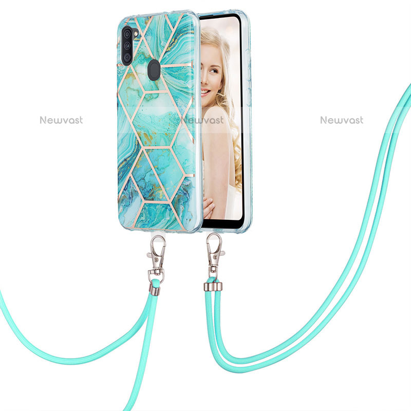 Silicone Candy Rubber Gel Fashionable Pattern Soft Case Cover with Lanyard Strap Y01B for Samsung Galaxy M11 Matcha Green