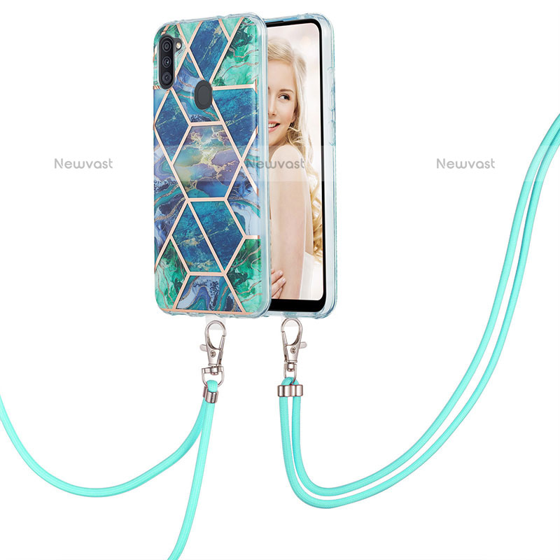 Silicone Candy Rubber Gel Fashionable Pattern Soft Case Cover with Lanyard Strap Y01B for Samsung Galaxy M11 Midnight Green