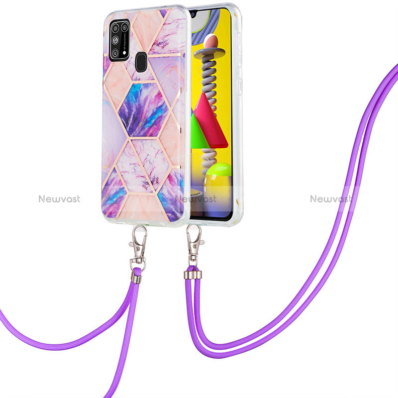 Silicone Candy Rubber Gel Fashionable Pattern Soft Case Cover with Lanyard Strap Y01B for Samsung Galaxy M21s