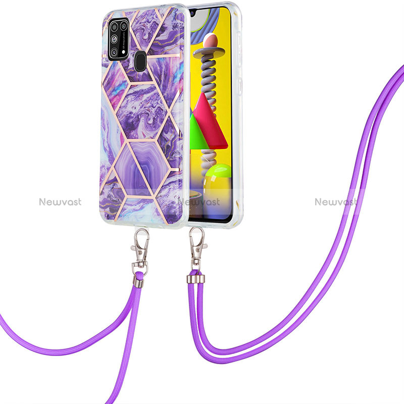 Silicone Candy Rubber Gel Fashionable Pattern Soft Case Cover with Lanyard Strap Y01B for Samsung Galaxy M21s Purple