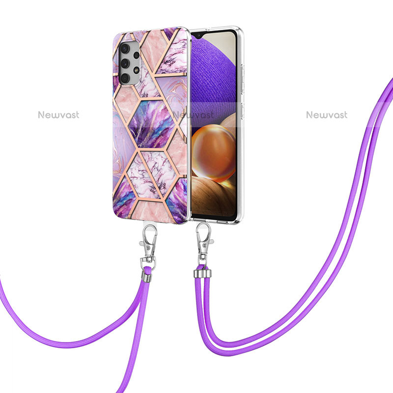 Silicone Candy Rubber Gel Fashionable Pattern Soft Case Cover with Lanyard Strap Y01B for Samsung Galaxy M32 5G Clove Purple