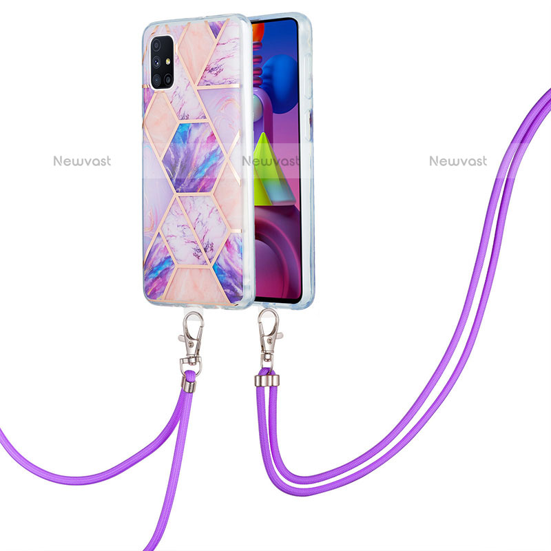 Silicone Candy Rubber Gel Fashionable Pattern Soft Case Cover with Lanyard Strap Y01B for Samsung Galaxy M51 Clove Purple