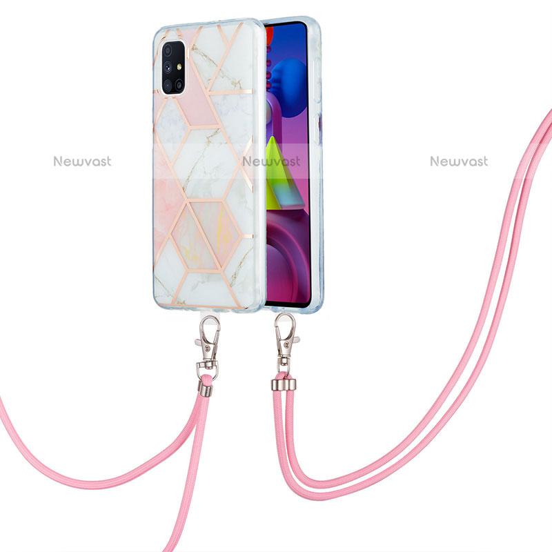 Silicone Candy Rubber Gel Fashionable Pattern Soft Case Cover with Lanyard Strap Y01B for Samsung Galaxy M51 Pink