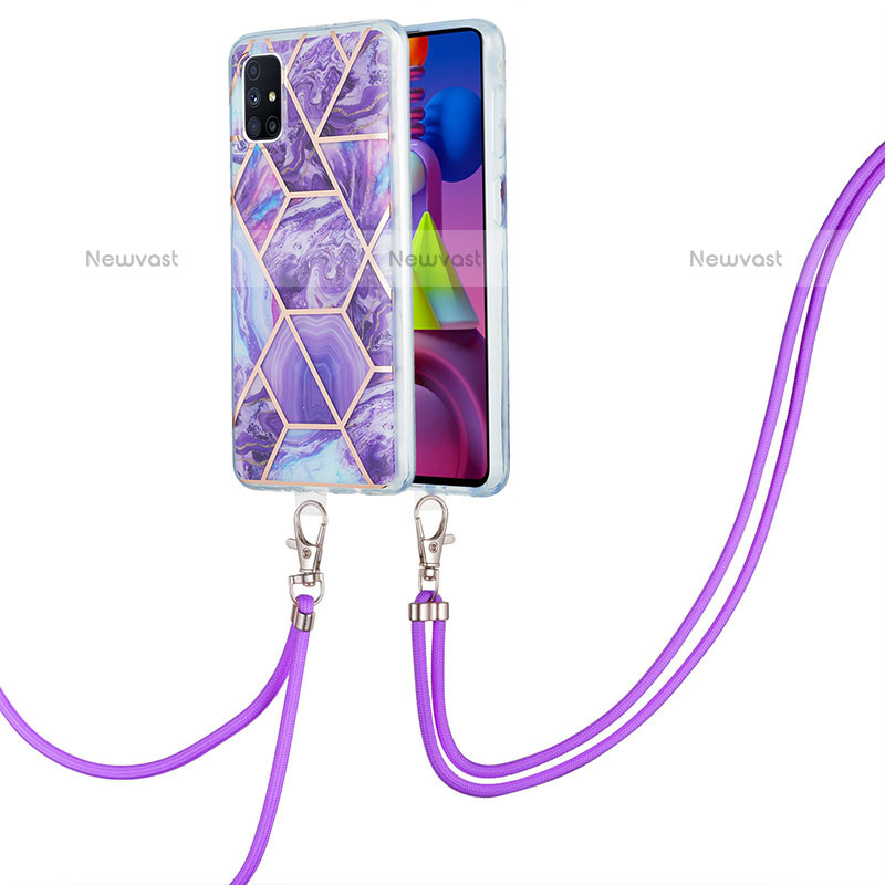 Silicone Candy Rubber Gel Fashionable Pattern Soft Case Cover with Lanyard Strap Y01B for Samsung Galaxy M51 Purple