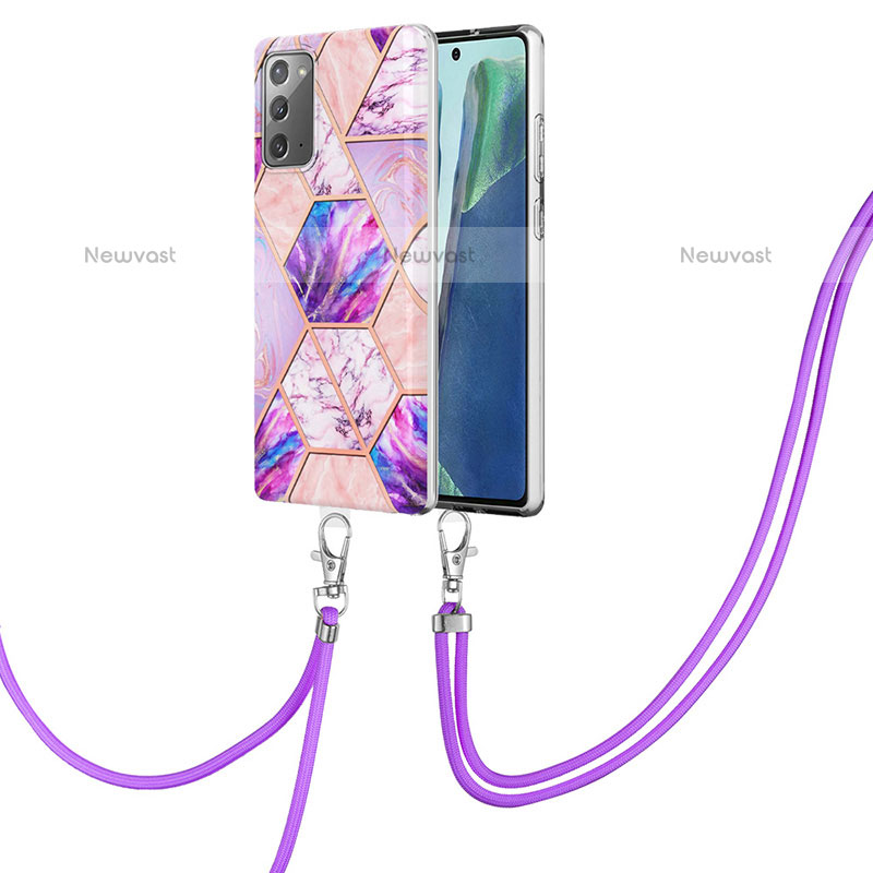 Silicone Candy Rubber Gel Fashionable Pattern Soft Case Cover with Lanyard Strap Y01B for Samsung Galaxy Note 20 5G Clove Purple