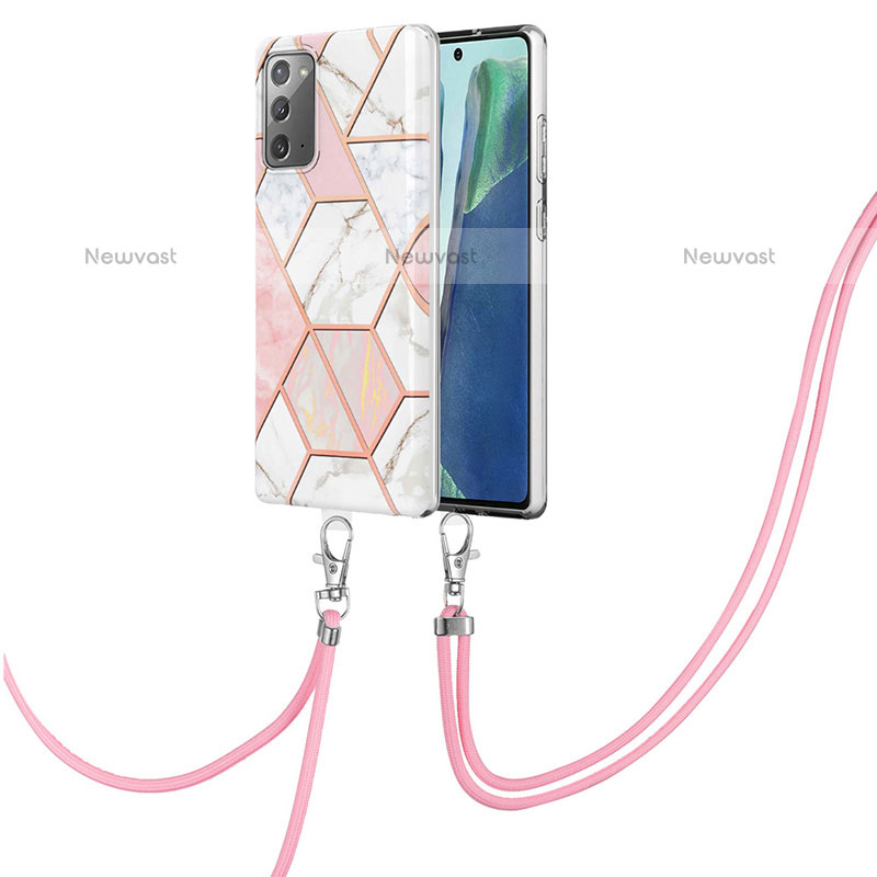 Silicone Candy Rubber Gel Fashionable Pattern Soft Case Cover with Lanyard Strap Y01B for Samsung Galaxy Note 20 5G Pink