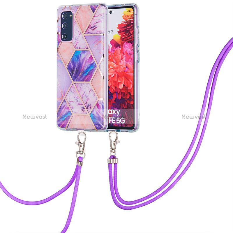 Silicone Candy Rubber Gel Fashionable Pattern Soft Case Cover with Lanyard Strap Y01B for Samsung Galaxy S20 FE (2022) 5G Clove Purple