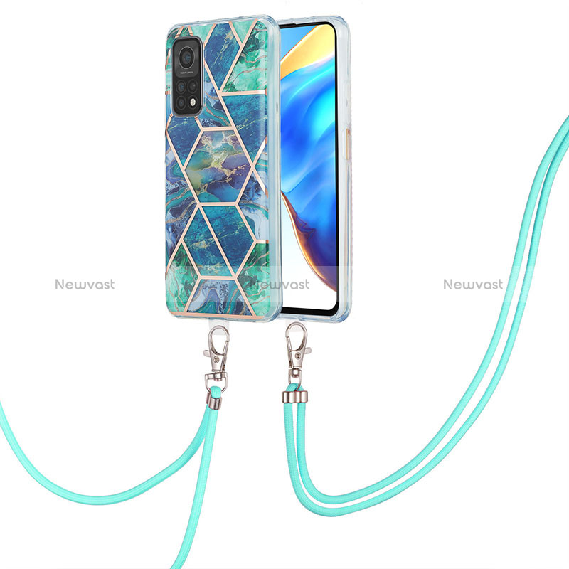 Silicone Candy Rubber Gel Fashionable Pattern Soft Case Cover with Lanyard Strap Y01B for Xiaomi Mi 10T 5G Midnight Green