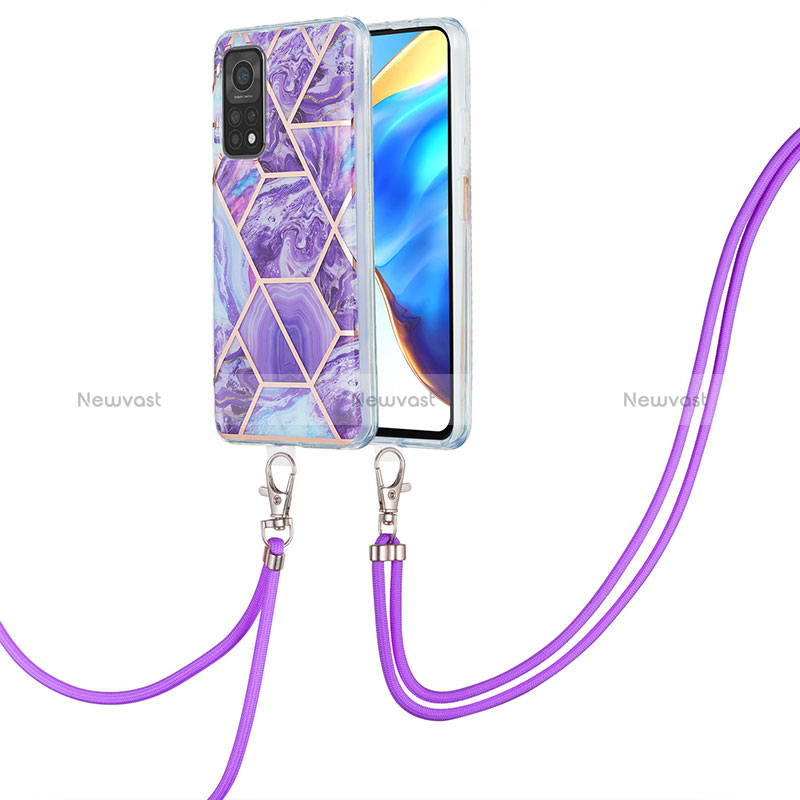 Silicone Candy Rubber Gel Fashionable Pattern Soft Case Cover with Lanyard Strap Y01B for Xiaomi Mi 10T 5G Purple