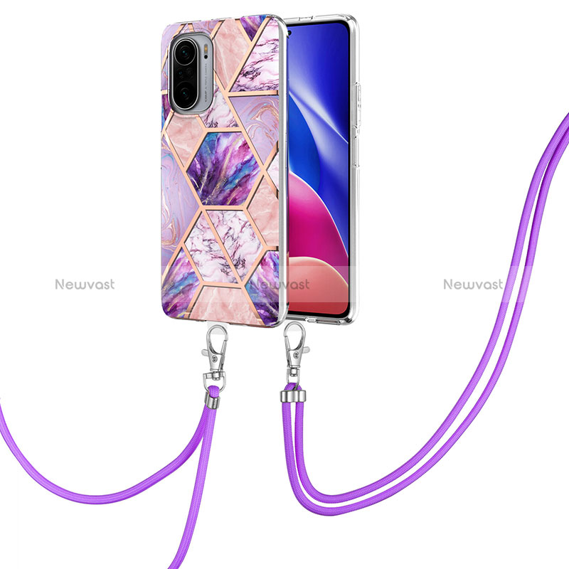 Silicone Candy Rubber Gel Fashionable Pattern Soft Case Cover with Lanyard Strap Y01B for Xiaomi Mi 11X Pro 5G Clove Purple