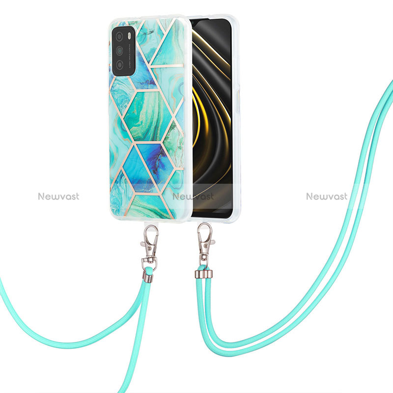 Silicone Candy Rubber Gel Fashionable Pattern Soft Case Cover with Lanyard Strap Y01B for Xiaomi Poco M3 Green