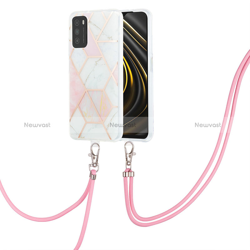 Silicone Candy Rubber Gel Fashionable Pattern Soft Case Cover with Lanyard Strap Y01B for Xiaomi Poco M3 Pink
